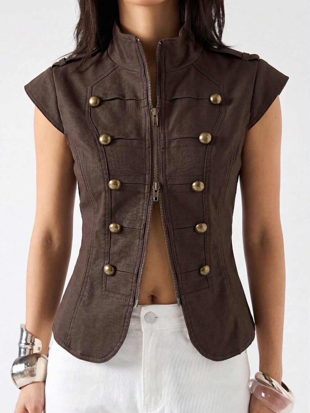 Brown Elegant Women's Minimalist Stand Collar Jacket vest